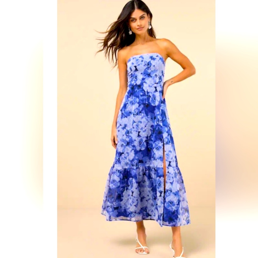 Lulus Strapless Blue & Lavender Floral Midi Dress size S New #3G